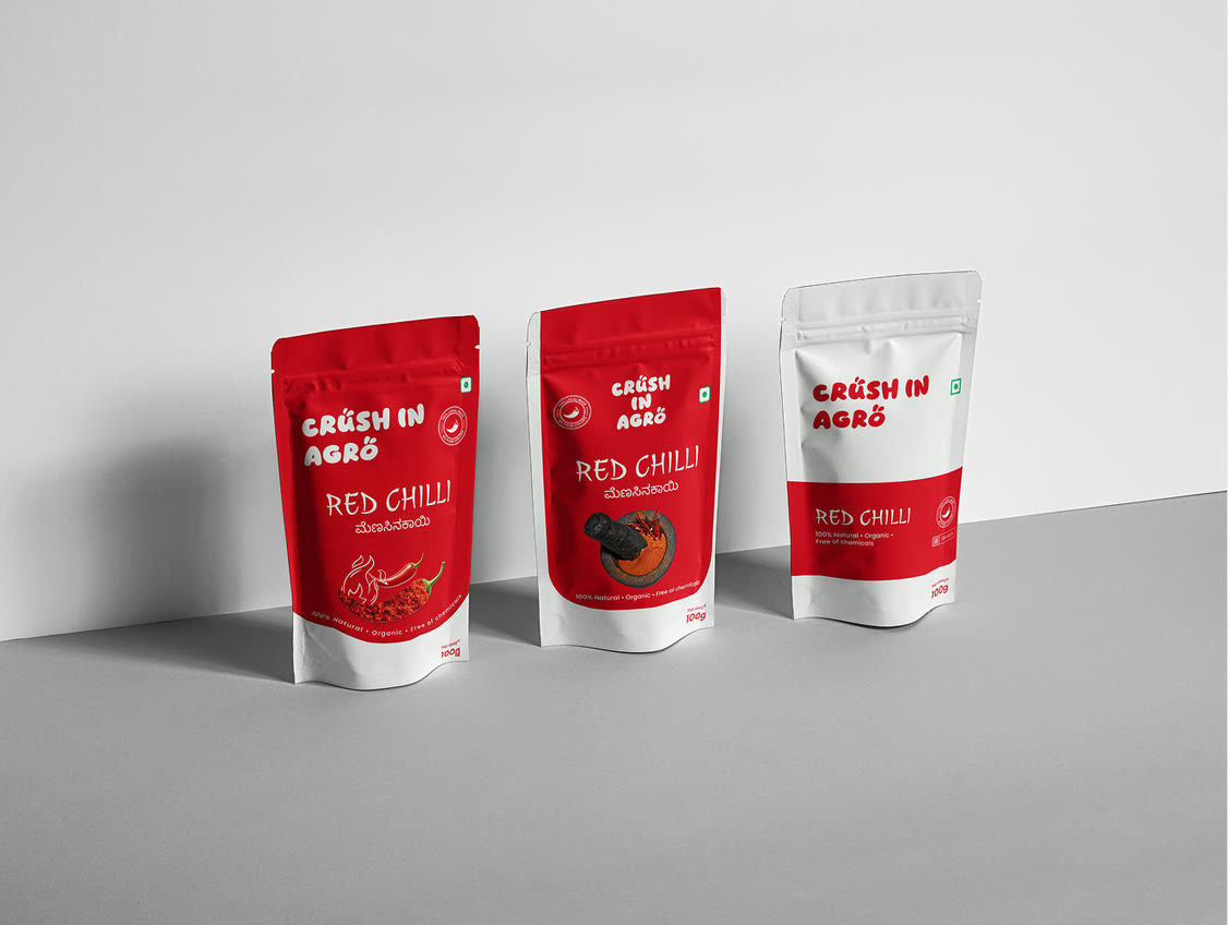 Crush In Agro Red Chilli pouch design with bilingual typography